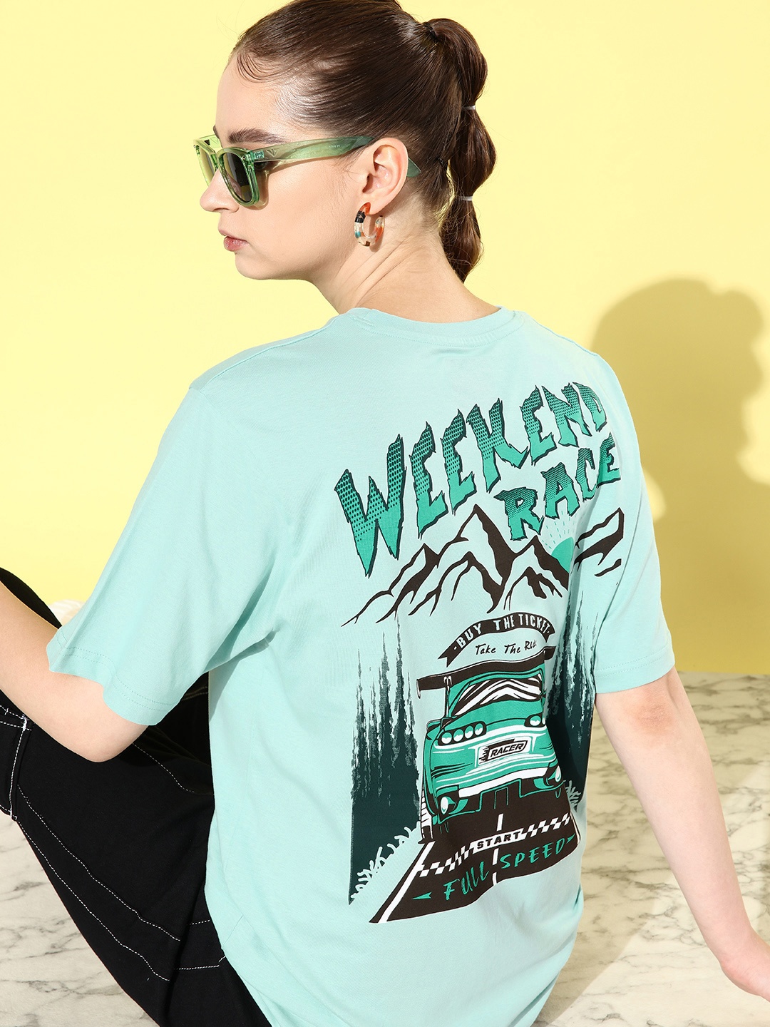 

Difference of Opinion Printed Oversized Drop-Shoulder Sleeves Pure Cotton T-shirt, Turquoise blue