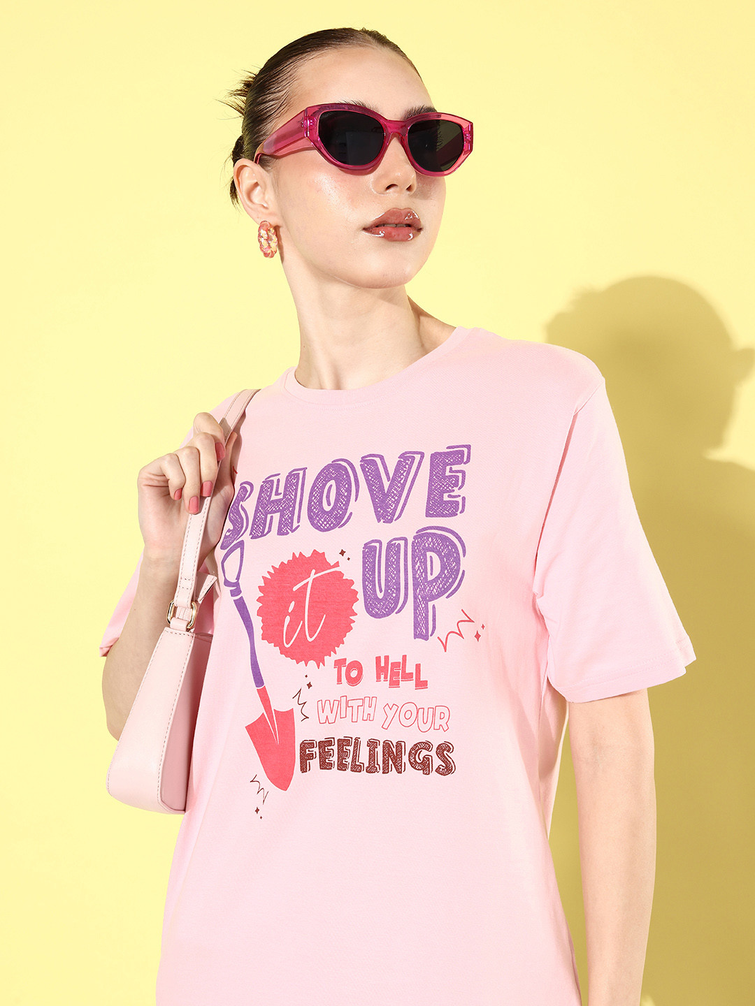 

Difference of Opinion Printed Oversized Drop-Shoulder Sleeves Pure Cotton T-shirt, Pink
