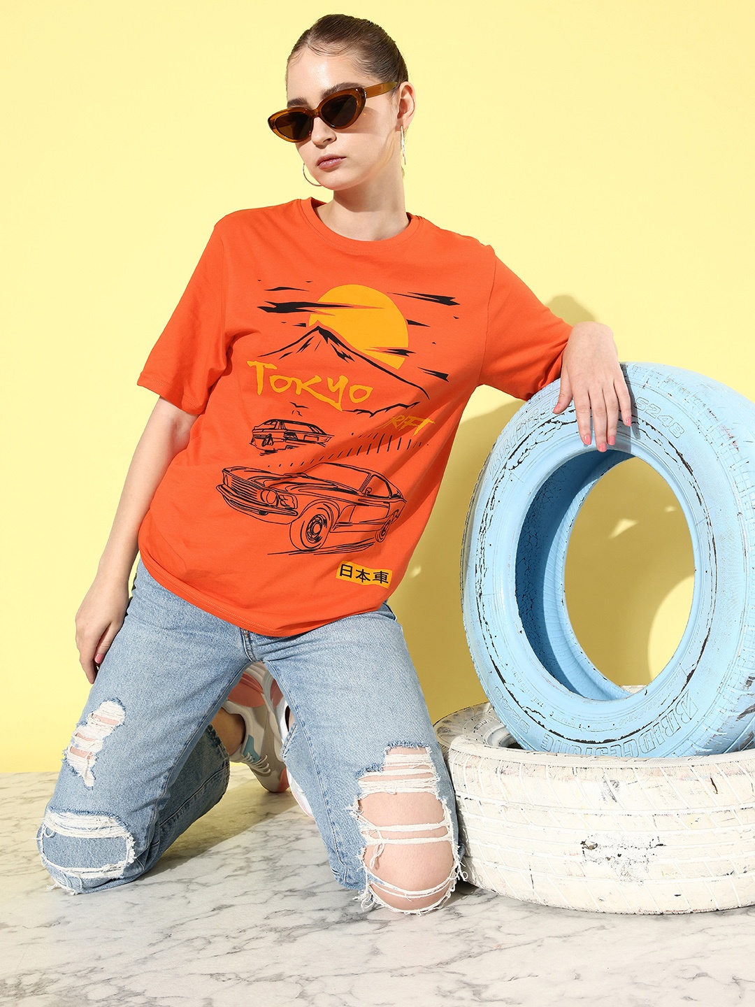 

Difference of Opinion Printed Oversized Drop-Shoulder Sleeves Pure Cotton T-shirt, Orange