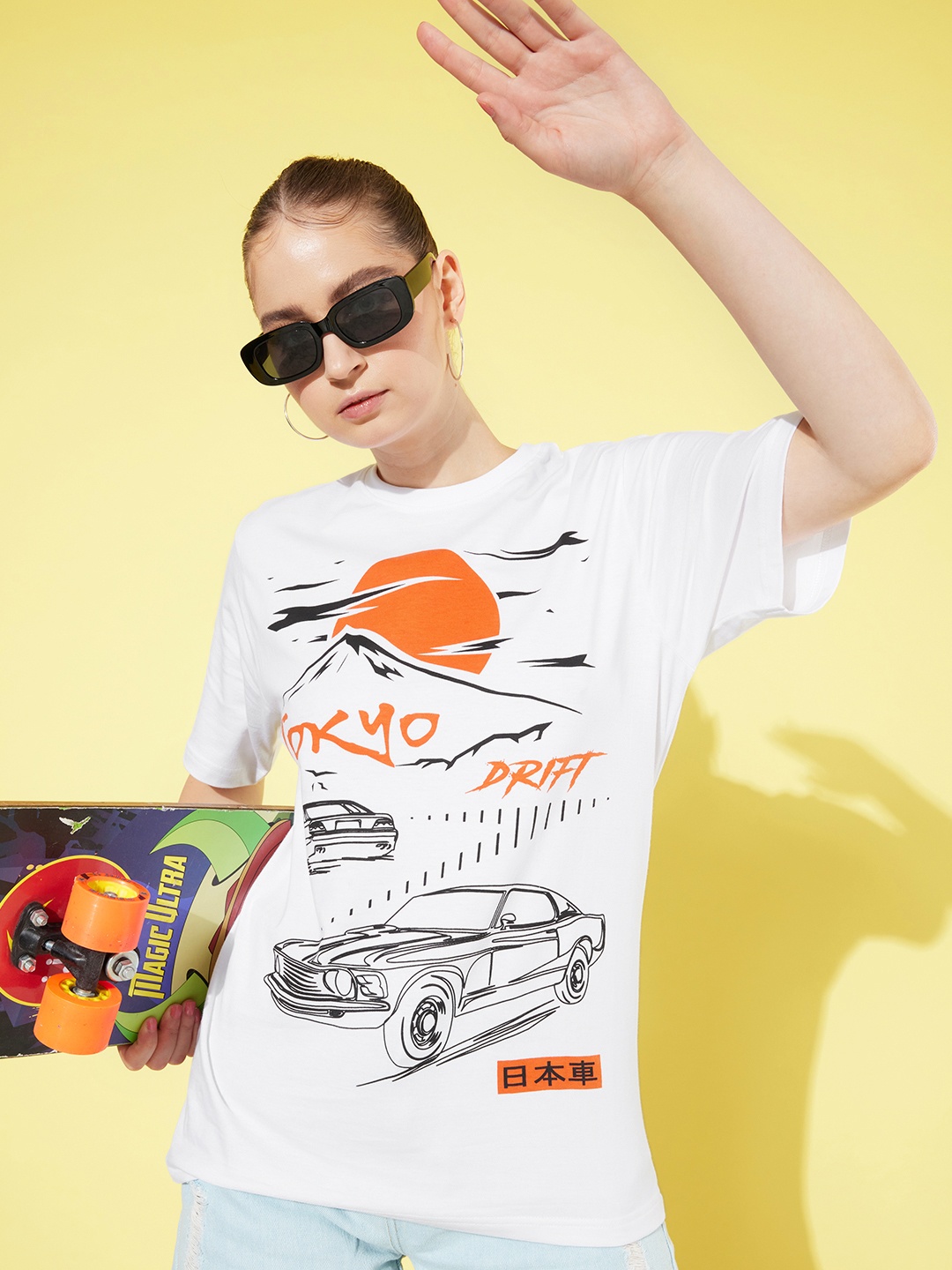 

Difference of Opinion Printed Oversized Drop-Shoulder Sleeves Pure Cotton T-shirt, White