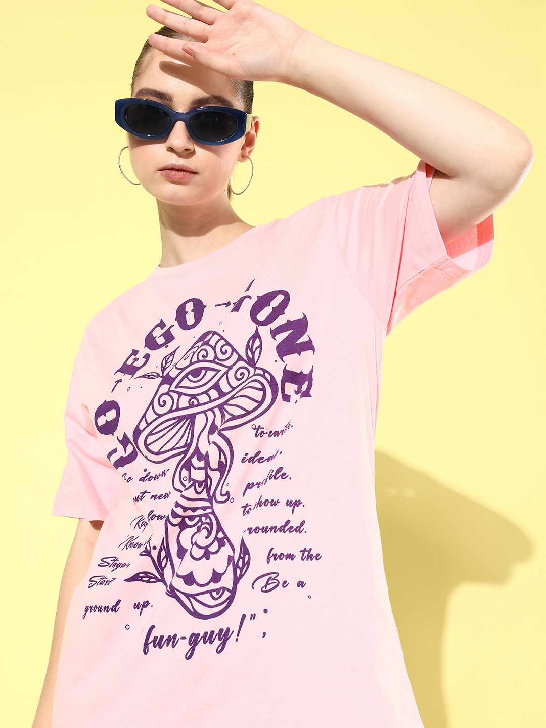 

Difference of Opinion Printed Oversized Drop-Shoulder Sleeves Pure Cotton T-shirt, Pink