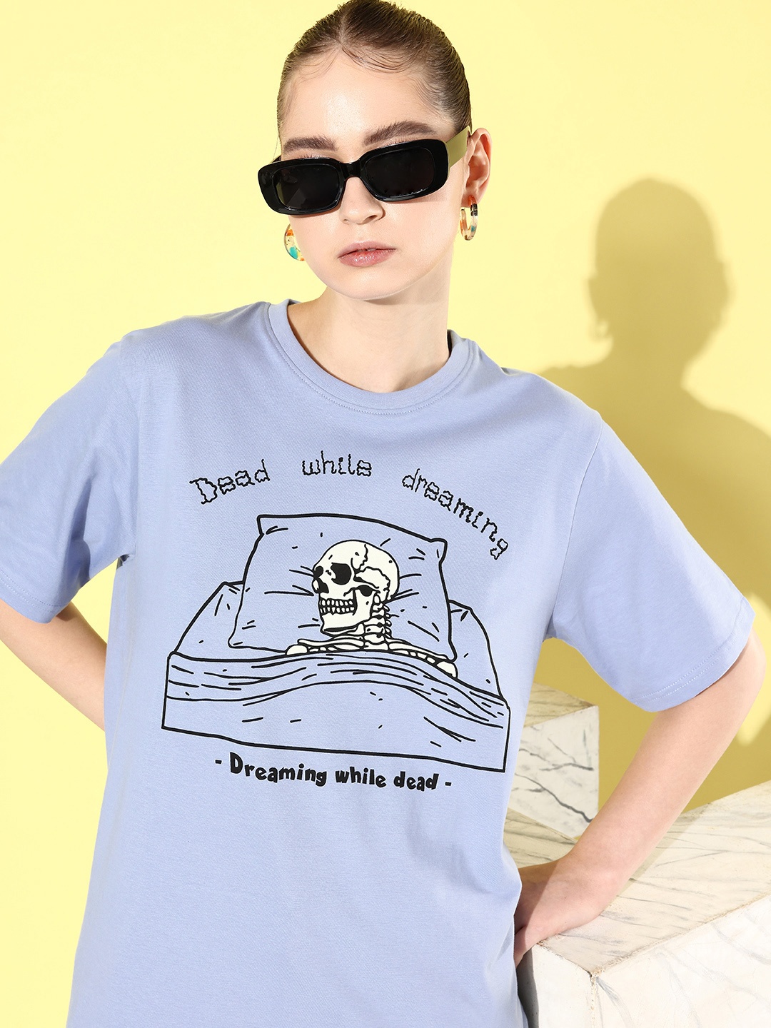

Difference of Opinion Printed Oversized Drop-Shoulder Sleeves Pure Cotton T-shirt, Blue