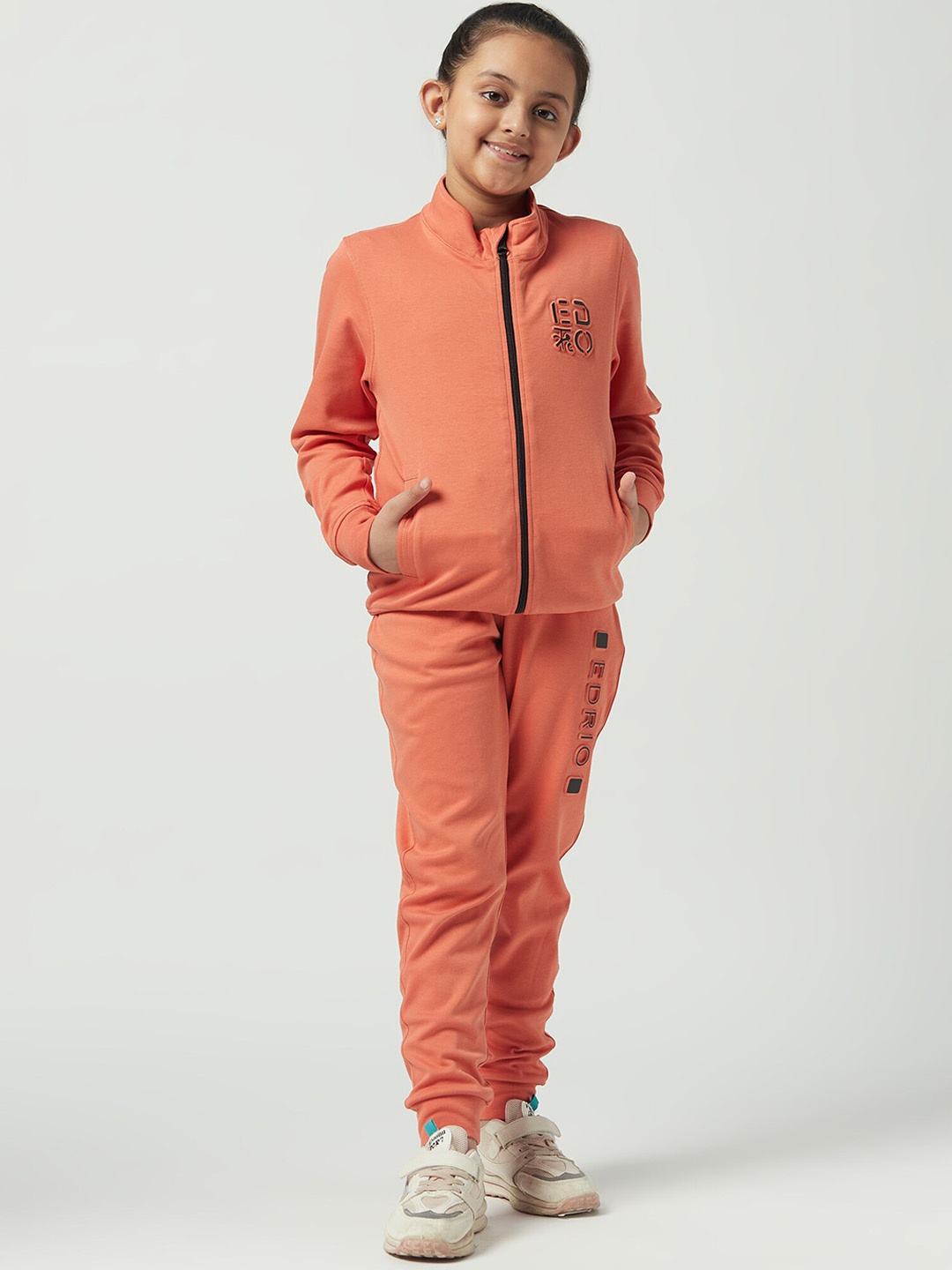 

EDRIO Girls Brand Logo Printed Cotton Tracksuits, Peach