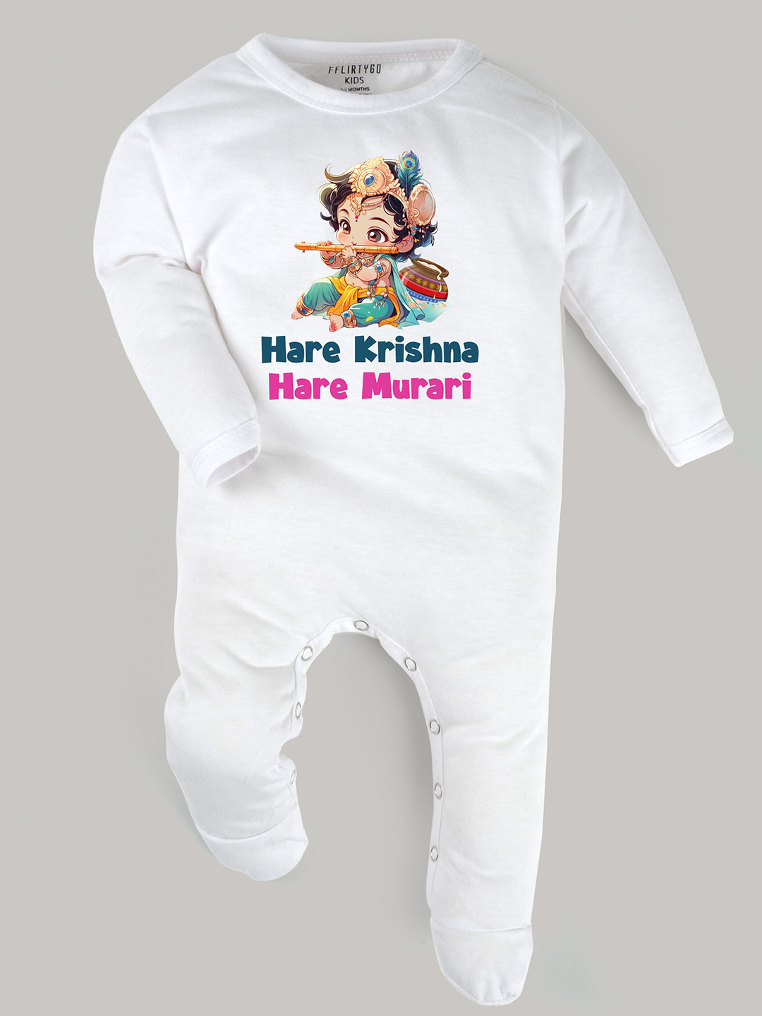 

FFLIRTYGO Infants Krishna Printed Detail Pure Cotton Janmashtami Special Sleepsuit, White