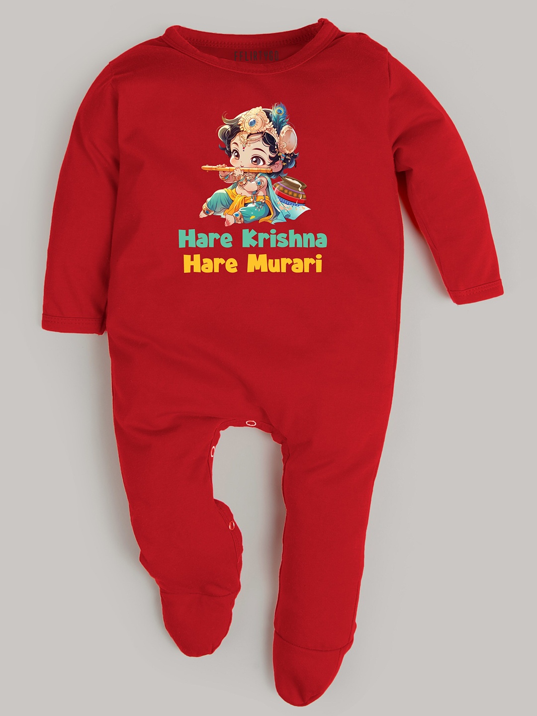 

FFLIRTYGO Infants Printed Pure Cotton Janmashtmi Special Sleepsuit, Red