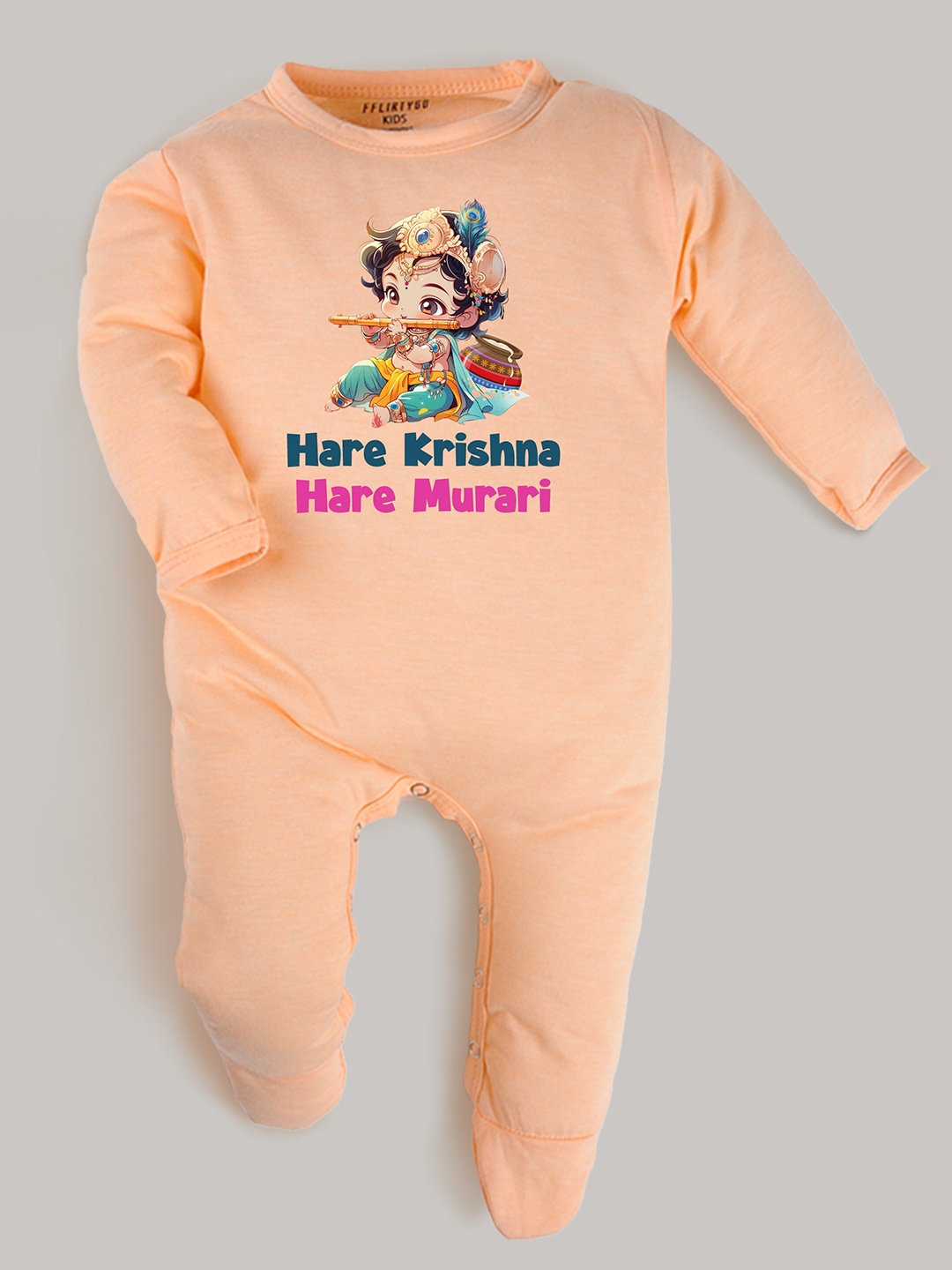 

FFLIRTYGO Infants Printed Pure Cotton Janmashtmi Special Sleepsuit, Peach