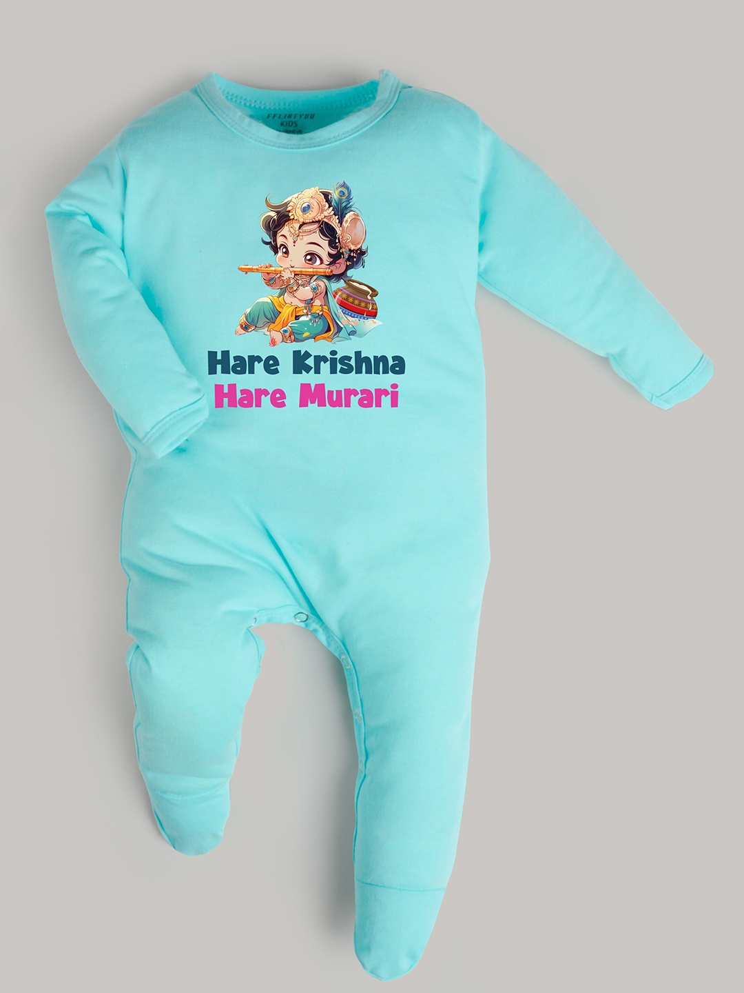 

FFLIRTYGO Infants Printed Pure Cotton Janmashtmi Special Sleepsuit, Turquoise blue