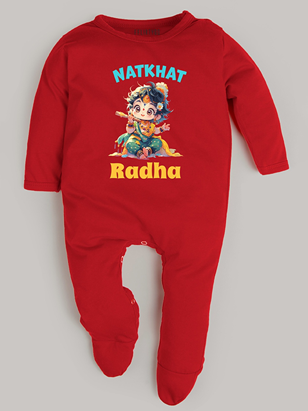 

FFLIRTYGO Infants Radha Printed Detail Pure Cotton Janmashtami Special Sleepsuit, Red