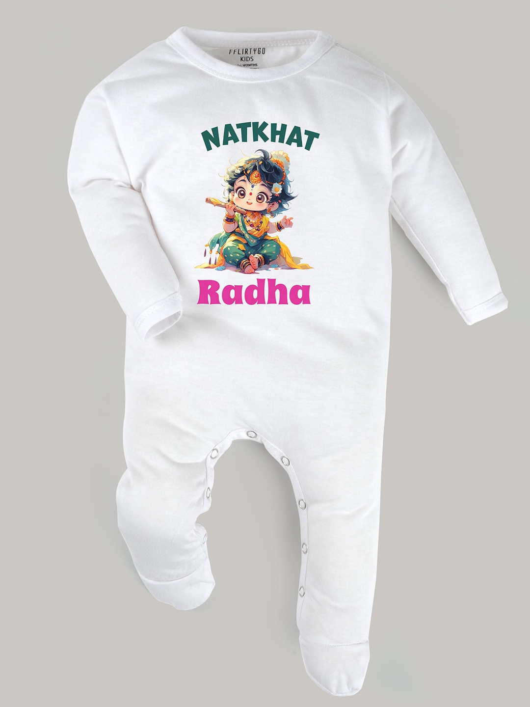 

FFLIRTYGO Infants Radha Printed Detail Pure Cotton Janmashtami Special Sleepsuit, White