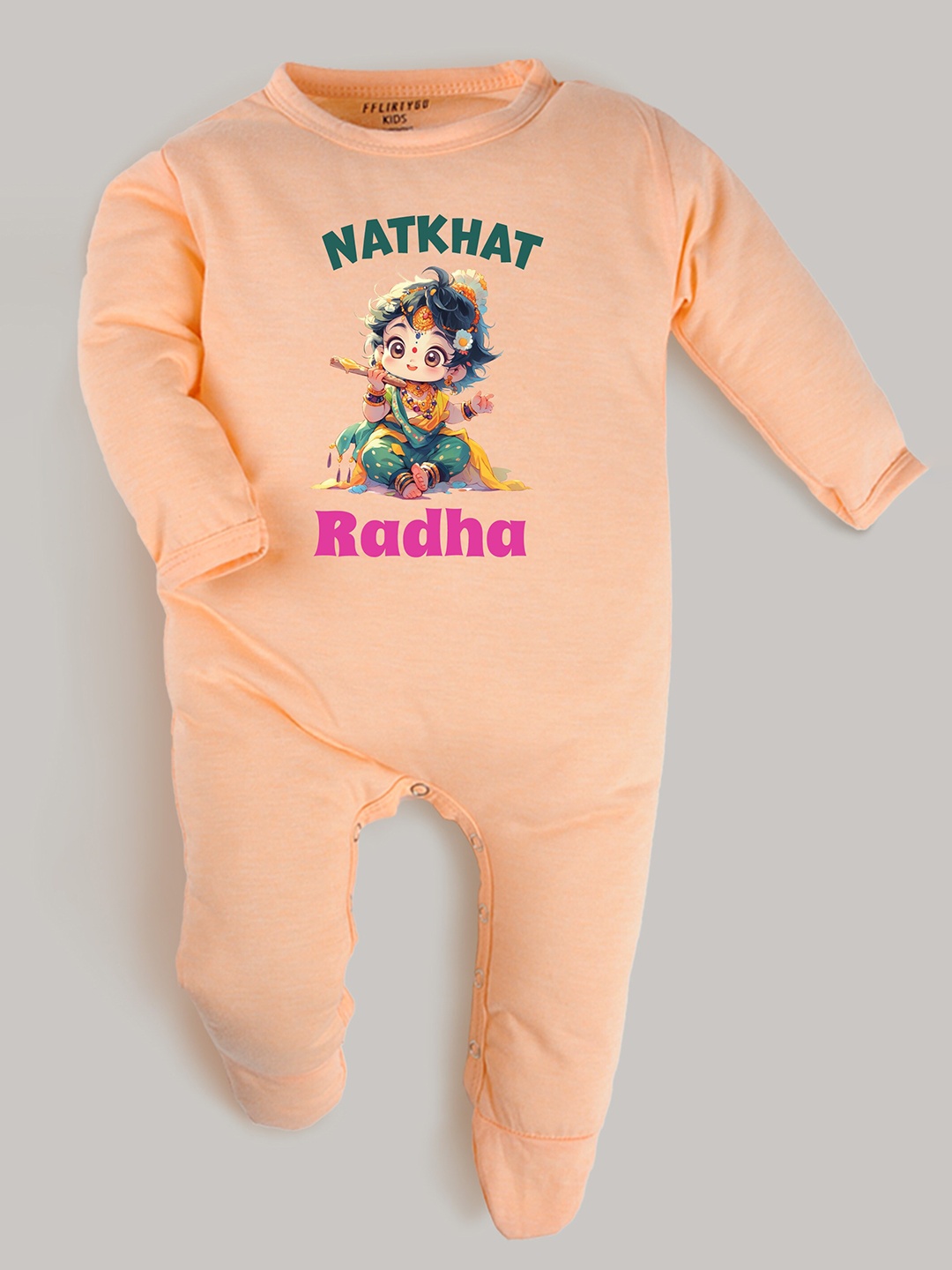 

FFLIRTYGO Infants Printed Pure Cotton Janmashtmi Special Sleepsuit, Peach