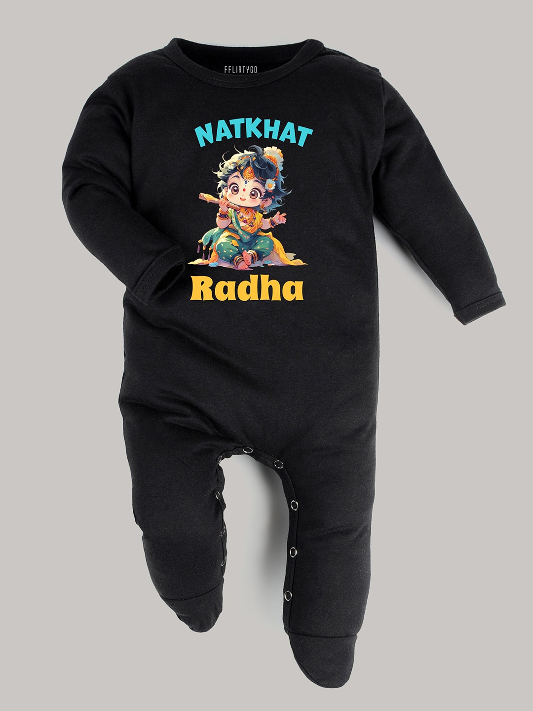 

FFLIRTYGO Infants Printed Pure Cotton Janmashtmi Special Sleepsuit, Black