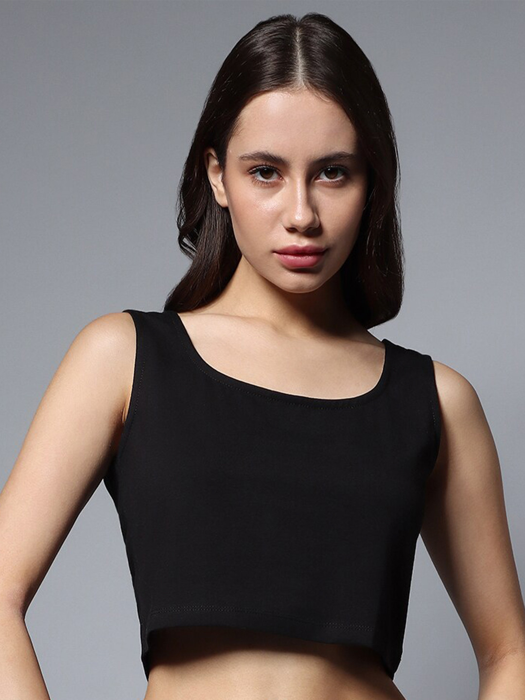 

High Star Square Neck Sleeveless Solid Crop Top, Black