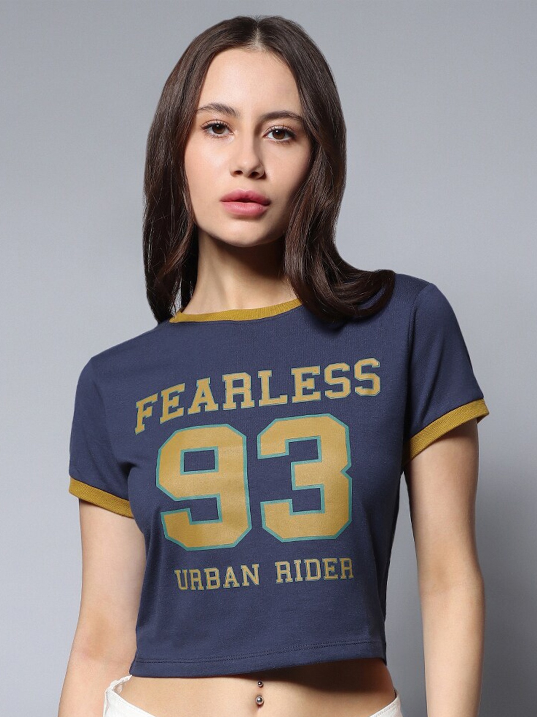 

High Star Round Neck Short Sleeves Printed Top, Navy blue