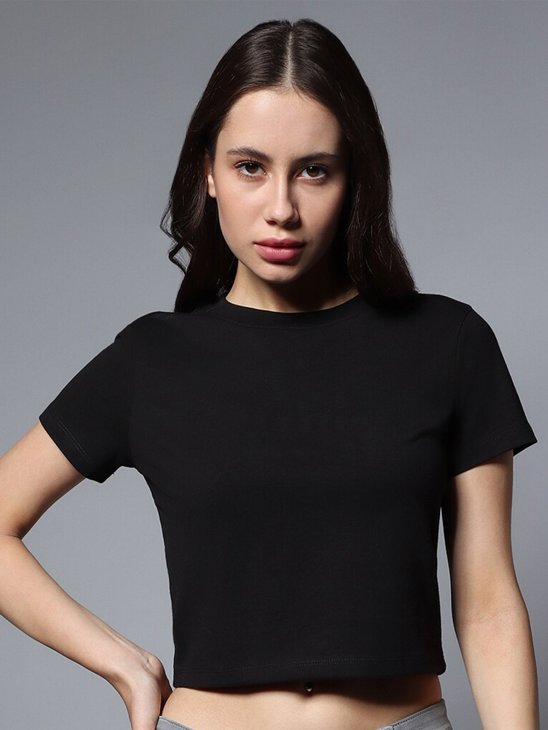 

High Star Round Neck Short sleeves Solid Tops, Black