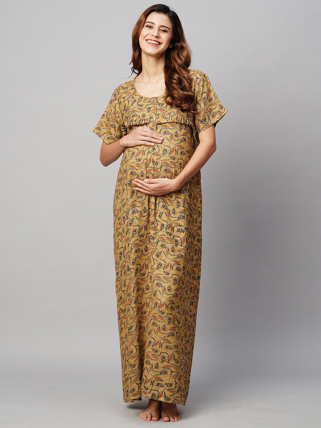 

MomToBe Printed Maxi Maternity Sustainable Nightdress, Yellow