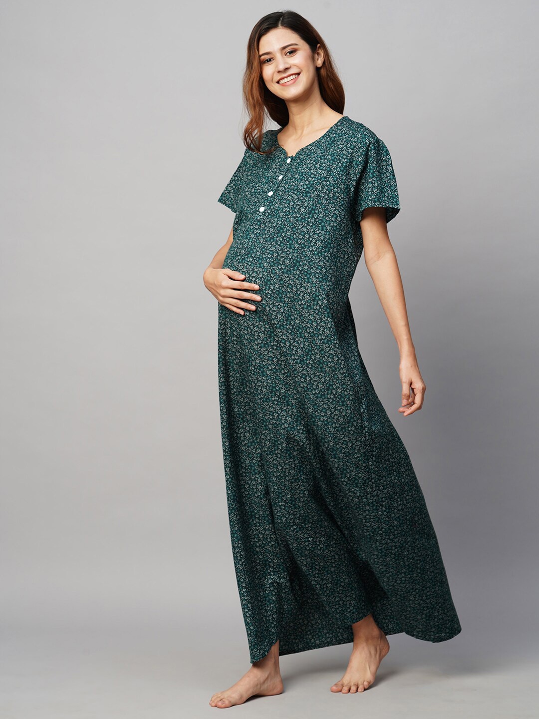 

MomToBe Printed Maxi Maternity Sustainable Nightdress, Green