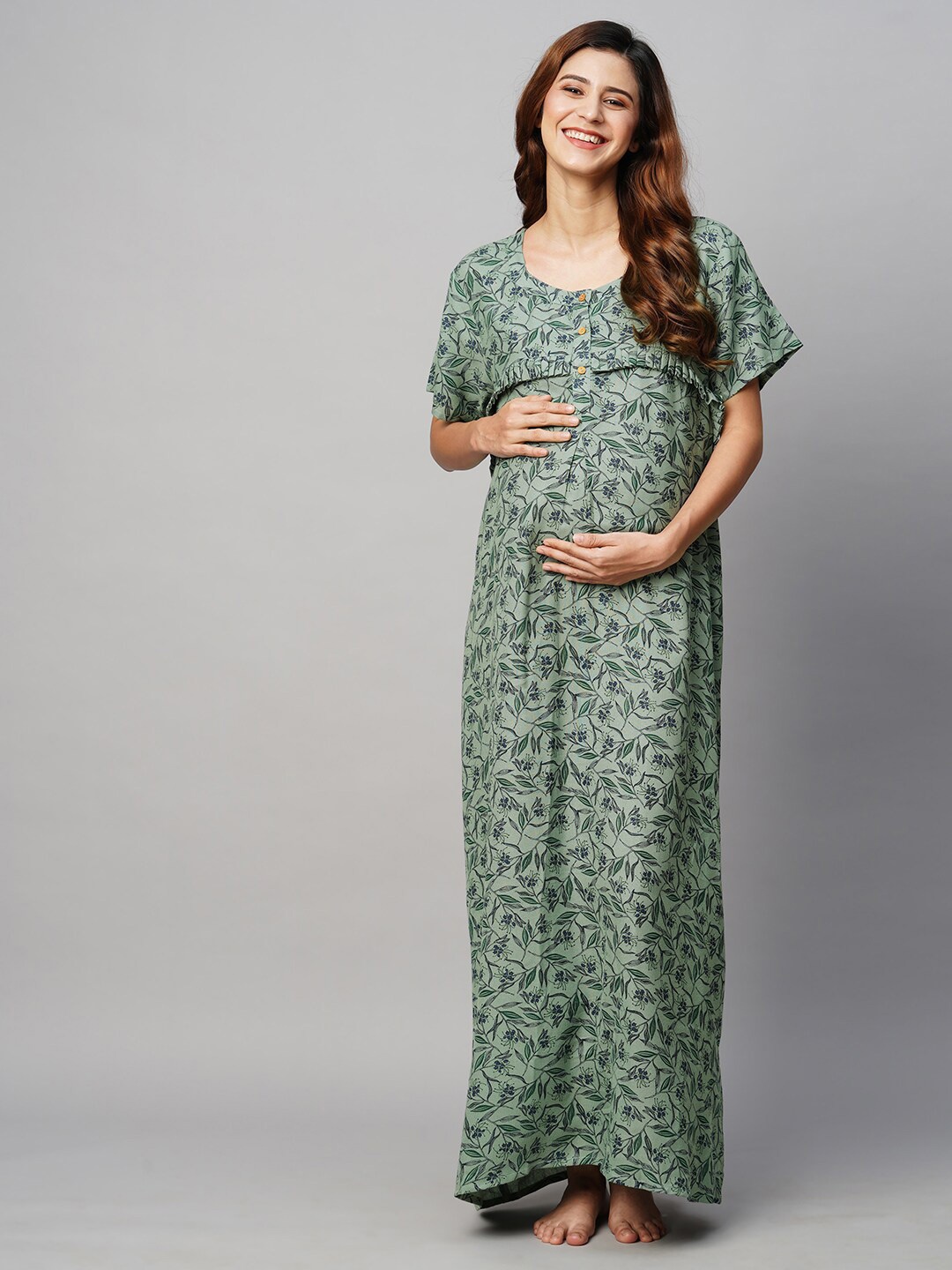 

MomToBe Printed Maxi Maternity Sustainable Nightdress, Green