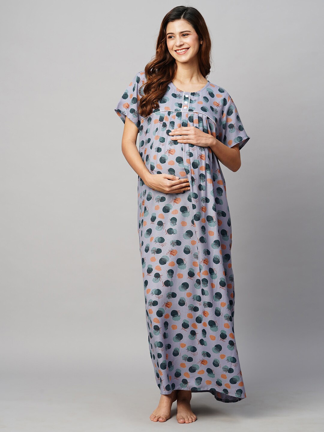 

MomToBe Printed Maxi Maternity Sustainable Nightdress, Purple
