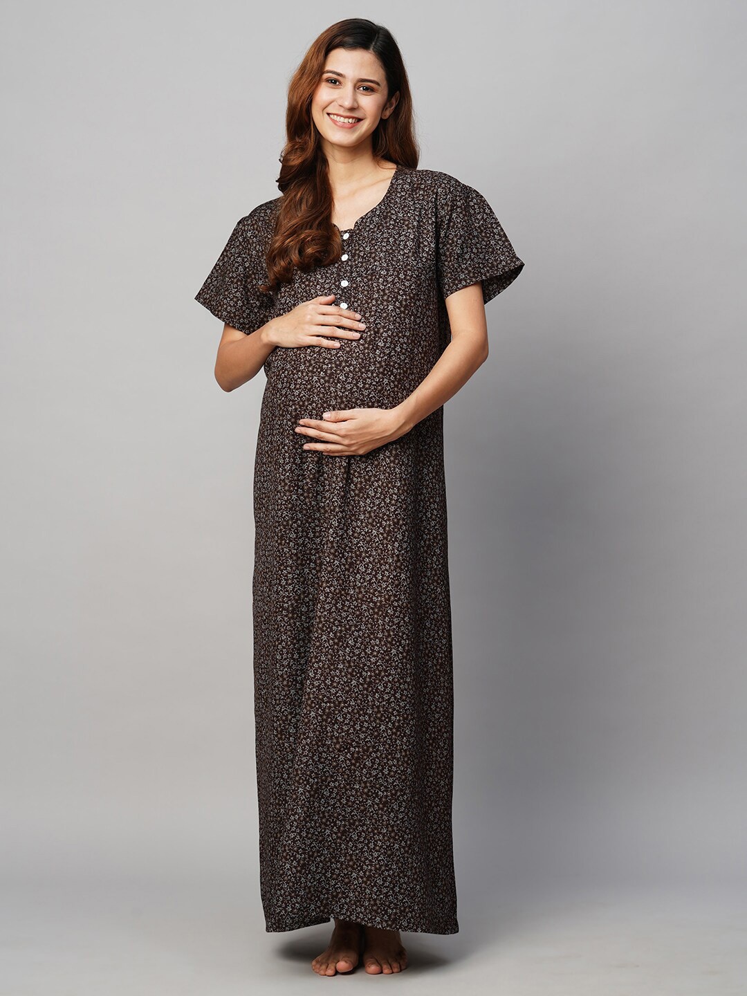 

MomToBe Printed Maxi Maternity Sustainable Nightdress, Brown