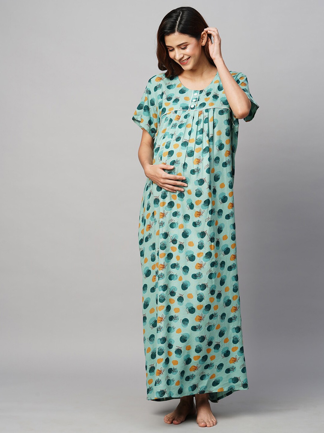 

MomToBe Floral Printed Maxi Maternity Sustainable Nightdress, Green