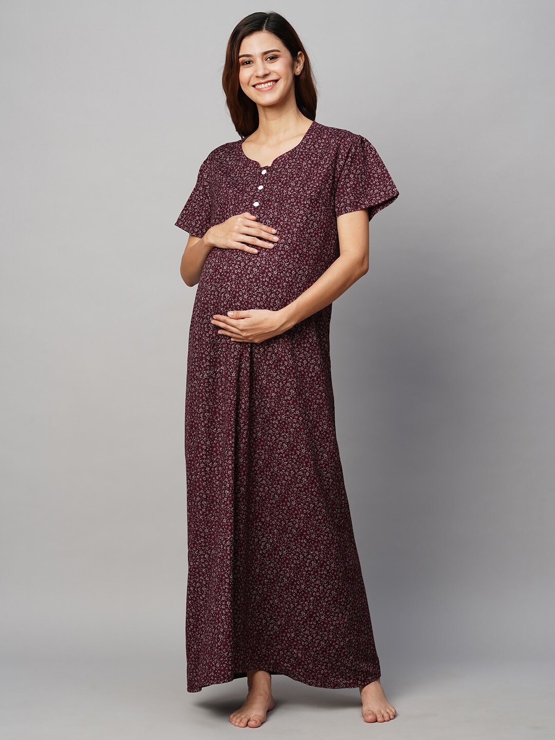

MomToBe Floral Printed Maxi Maternity Sustainable Nightdress, Red