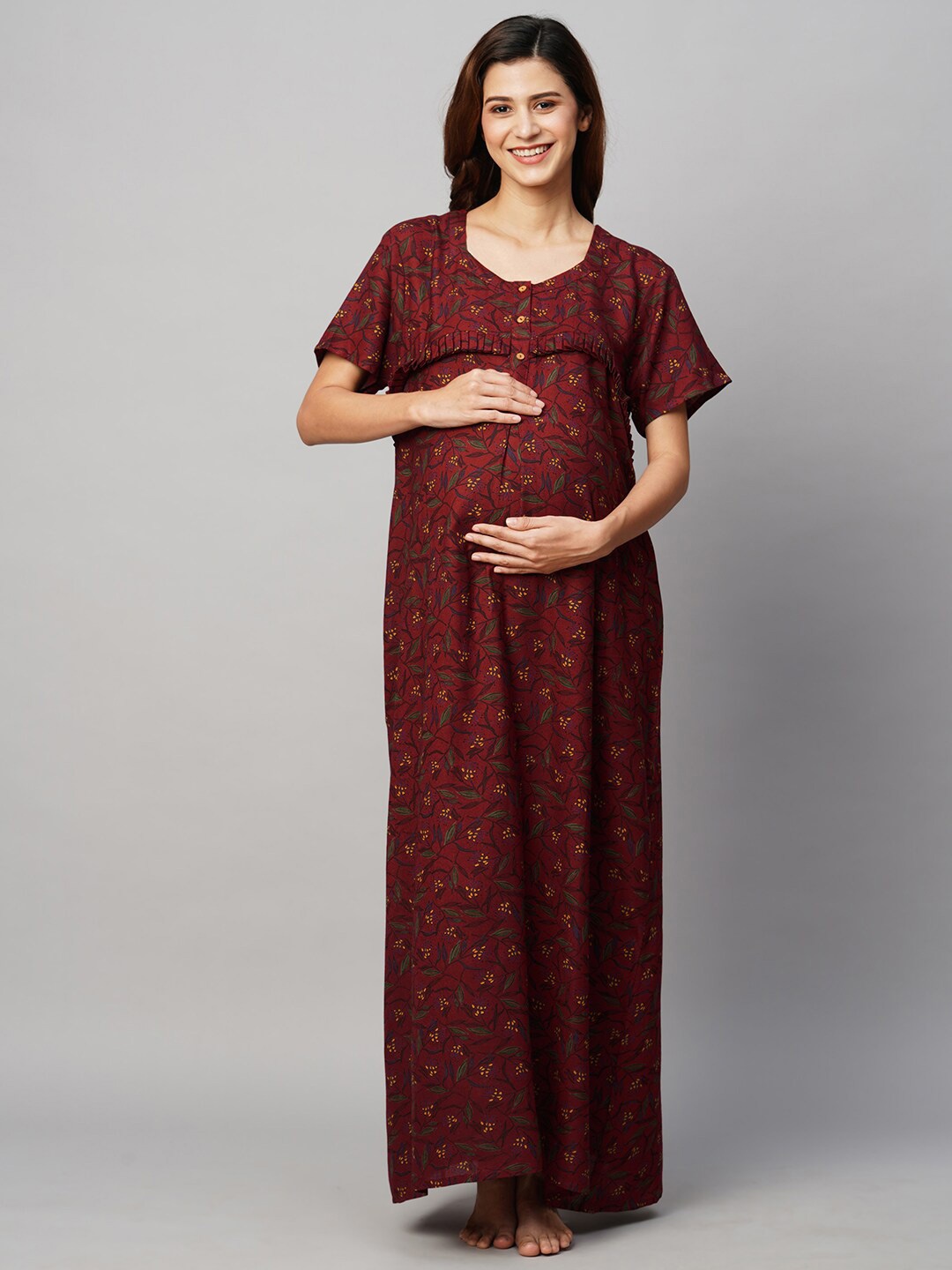 

MomToBe Floral Printed Maxi Maternity Sustainable Nightdress, Maroon