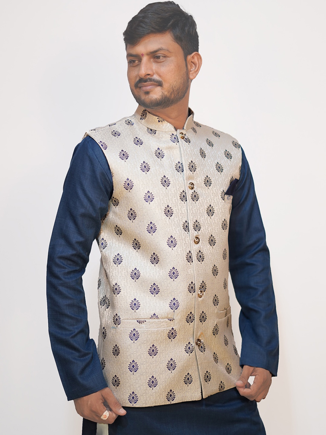 

amzira Straight Kurta With Churidar & With Nehru Jacket, Blue
