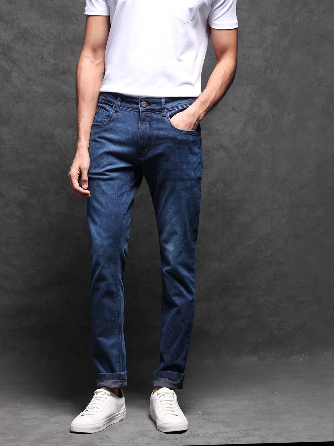 

RARE RABBIT Men Monaco Slim Fit Cotton Stretchable Jeans, Navy blue