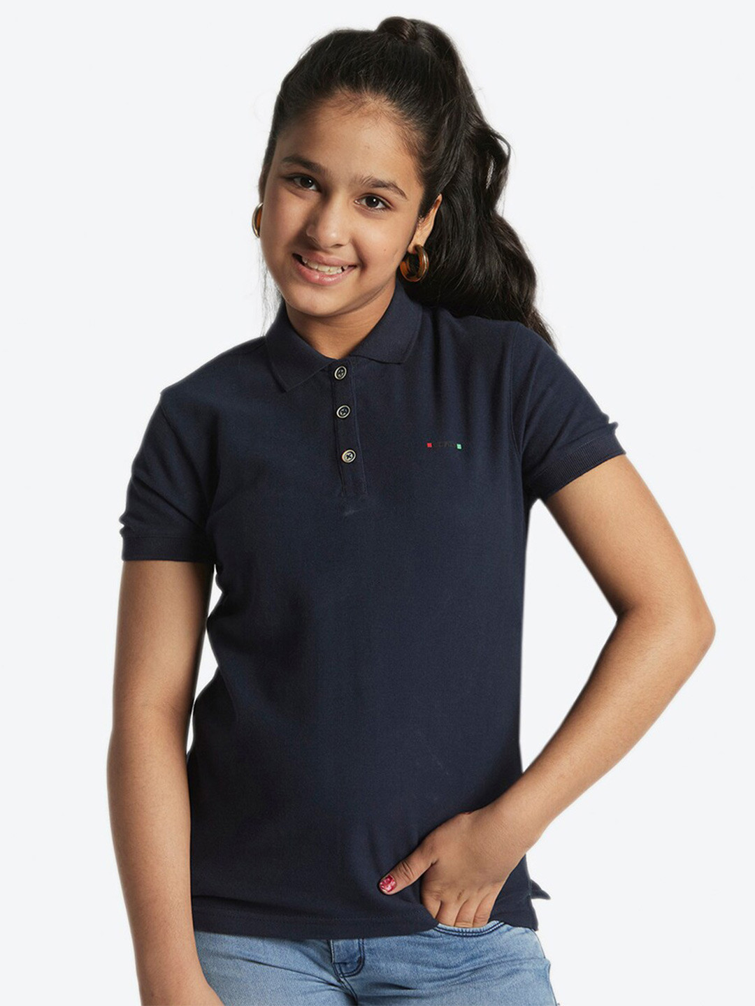 

EDRIO Girls Polo Collar Short Sleeve Organic Cotton Regular T-shirt, Navy blue