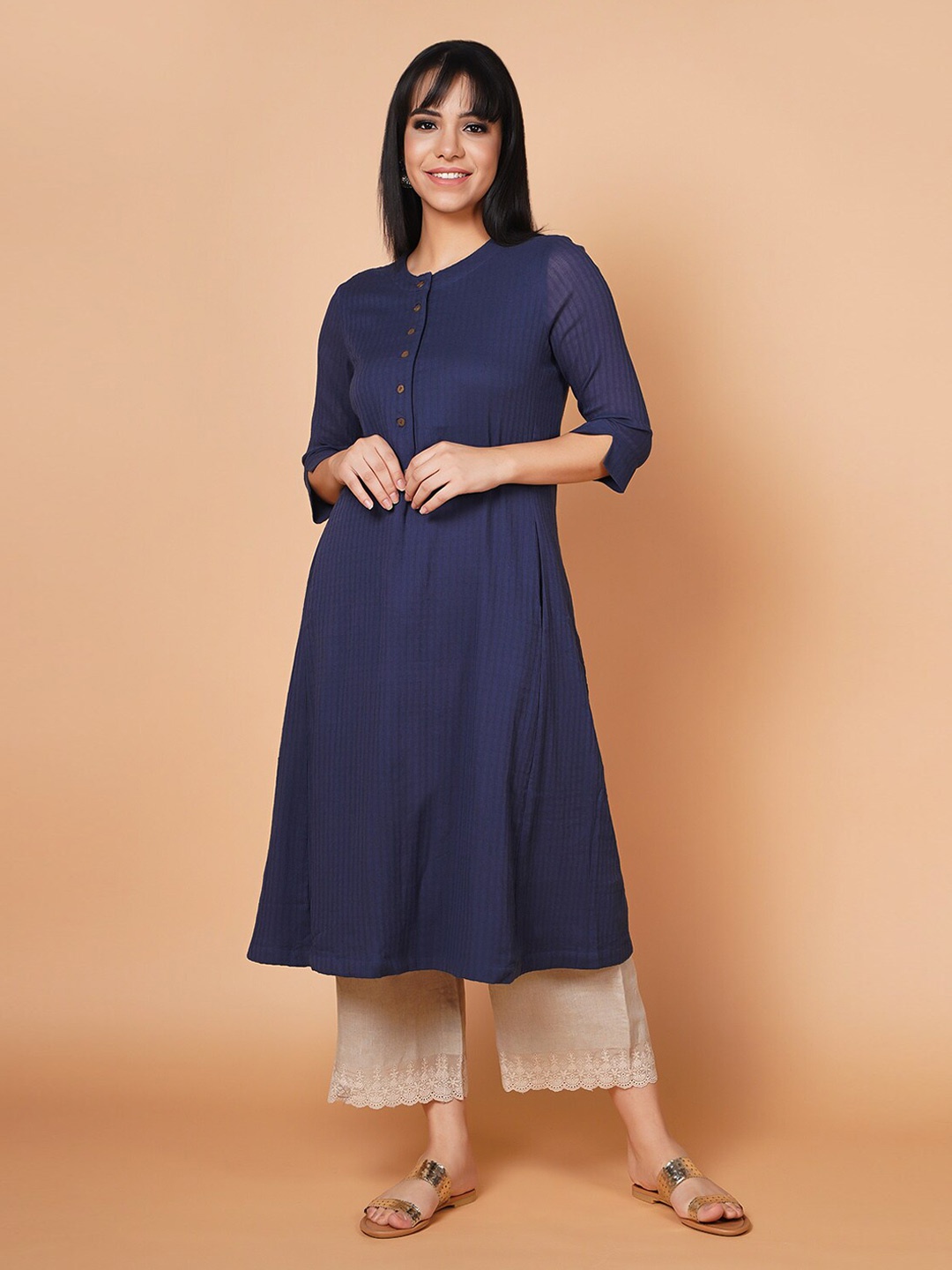 

BARARA ETHNIC Striped Woven Design Band Collar Pure Linen A-Line Kurta, Blue