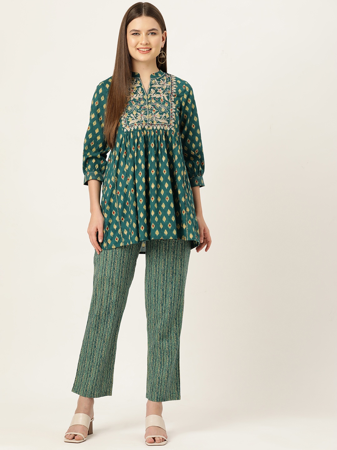 

MISRI Printed Pure Cotton Ethnic Co-Ords, Green