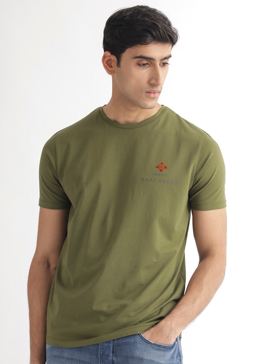 

RARE RABBIT Men Castel Round Neck Cotton Slim Fit T-Shirt, Green