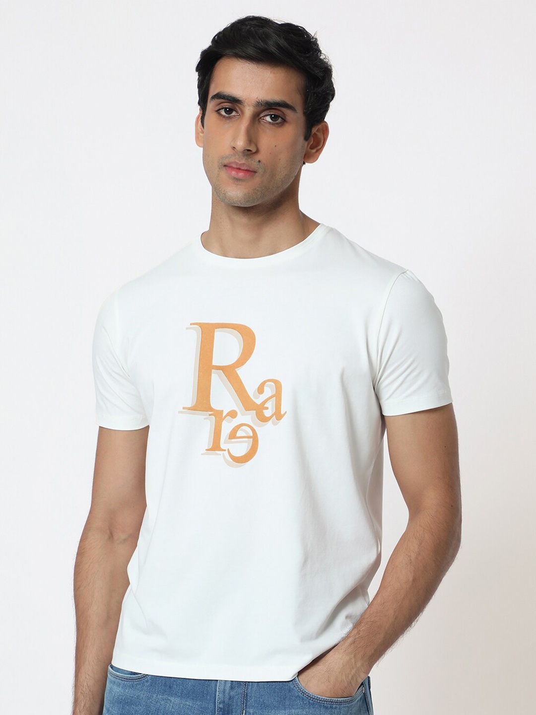

RARE RABBIT Men Cero Typography Printed Cotton Slim Fit T-Shirt, Off white