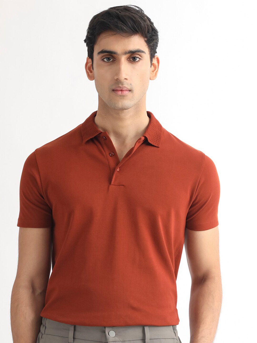 

RARE RABBIT Men Braidey Polo Collar Cotton Slim Fit T-Shirt, Rust