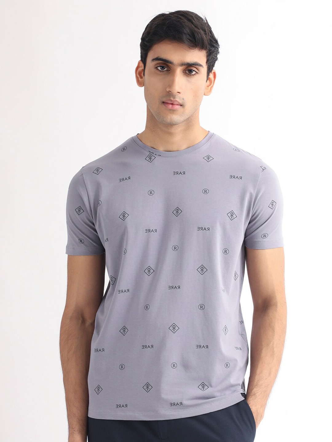 

RARE RABBIT Men Grammy Conversational Printed Cotton Slim Fit T-Shirt, Grey