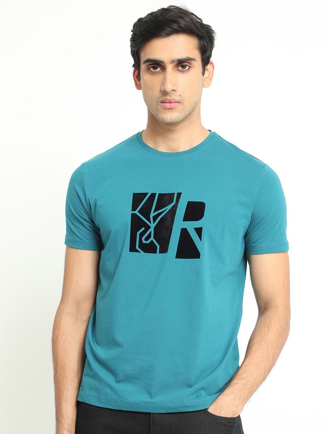 

RARE RABBIT Men Dela Graphic Printed Cotton Slim Fit T-Shirt, Teal