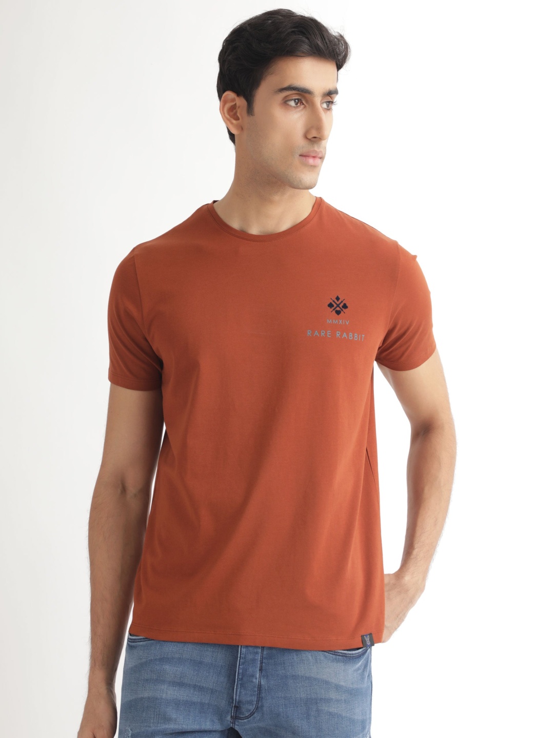 

RARE RABBIT Men Castel Round Neck Cotton Slim Fit T-Shirt, Rust