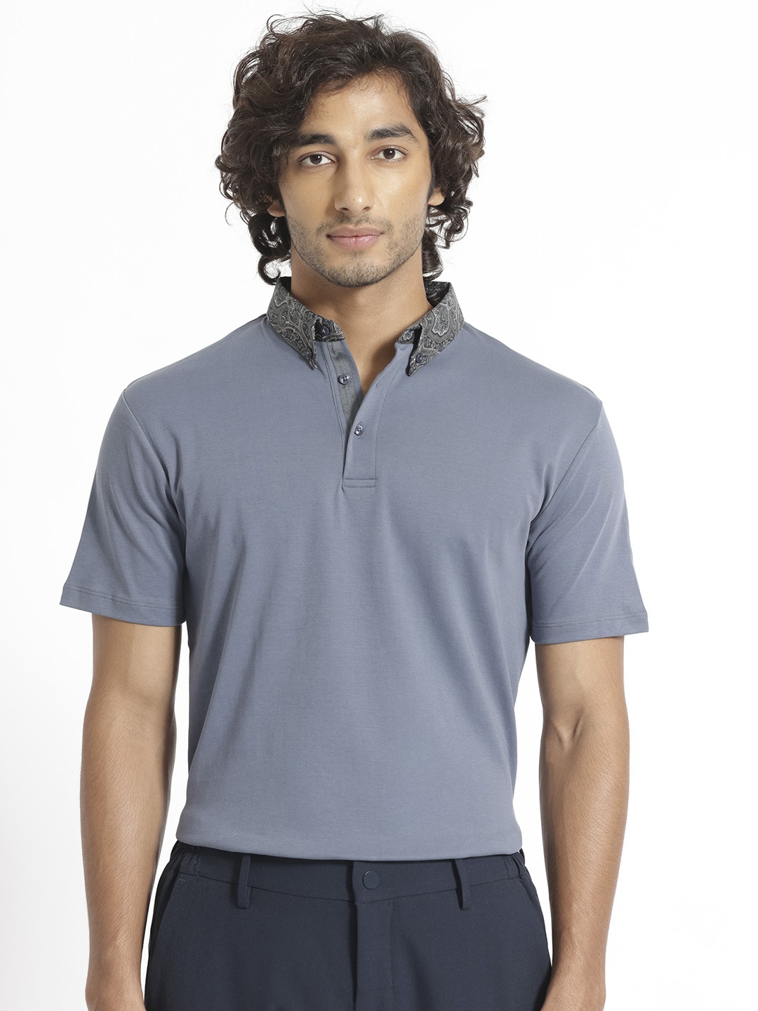 

RARE RABBIT Men Rings-4 Slim Fit Solid Polo Collar T-Shirt, Grey