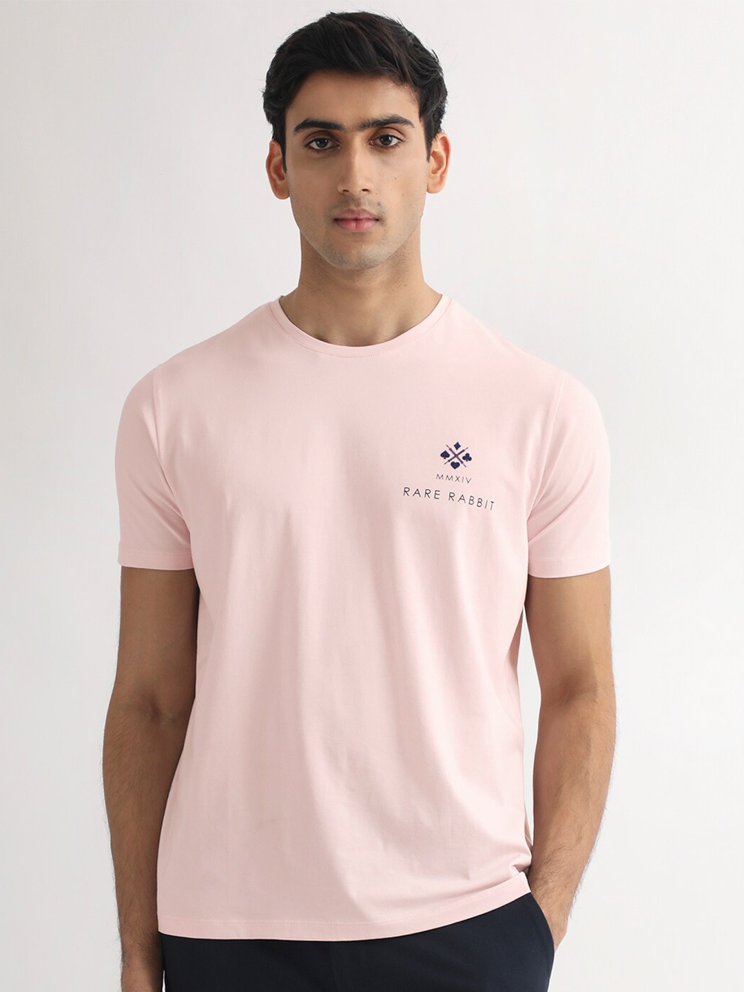 

RARE RABBIT Men Castel Round Neck Cotton Slim Fit T-Shirt, Pink