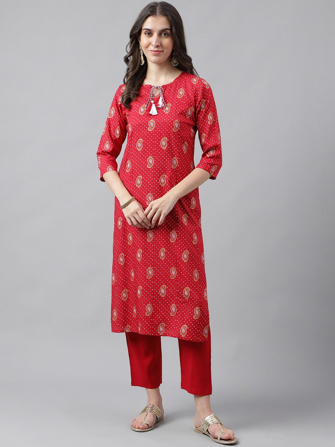 

KALINI Paisley Printed Straight Kurta With Trousers, Red