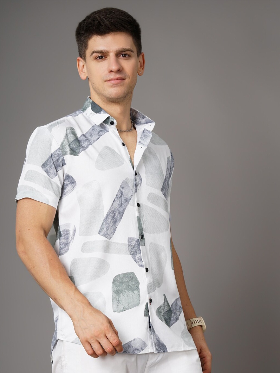

PAUL STREET Standard Abstract Printed Slim Fit Casual Shirt, White