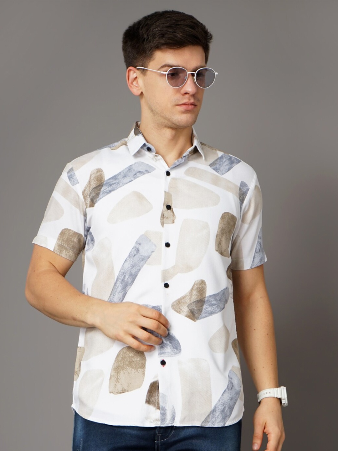 

PAUL STREET Standard Abstract Printed Slim Fit Casual Shirt, White