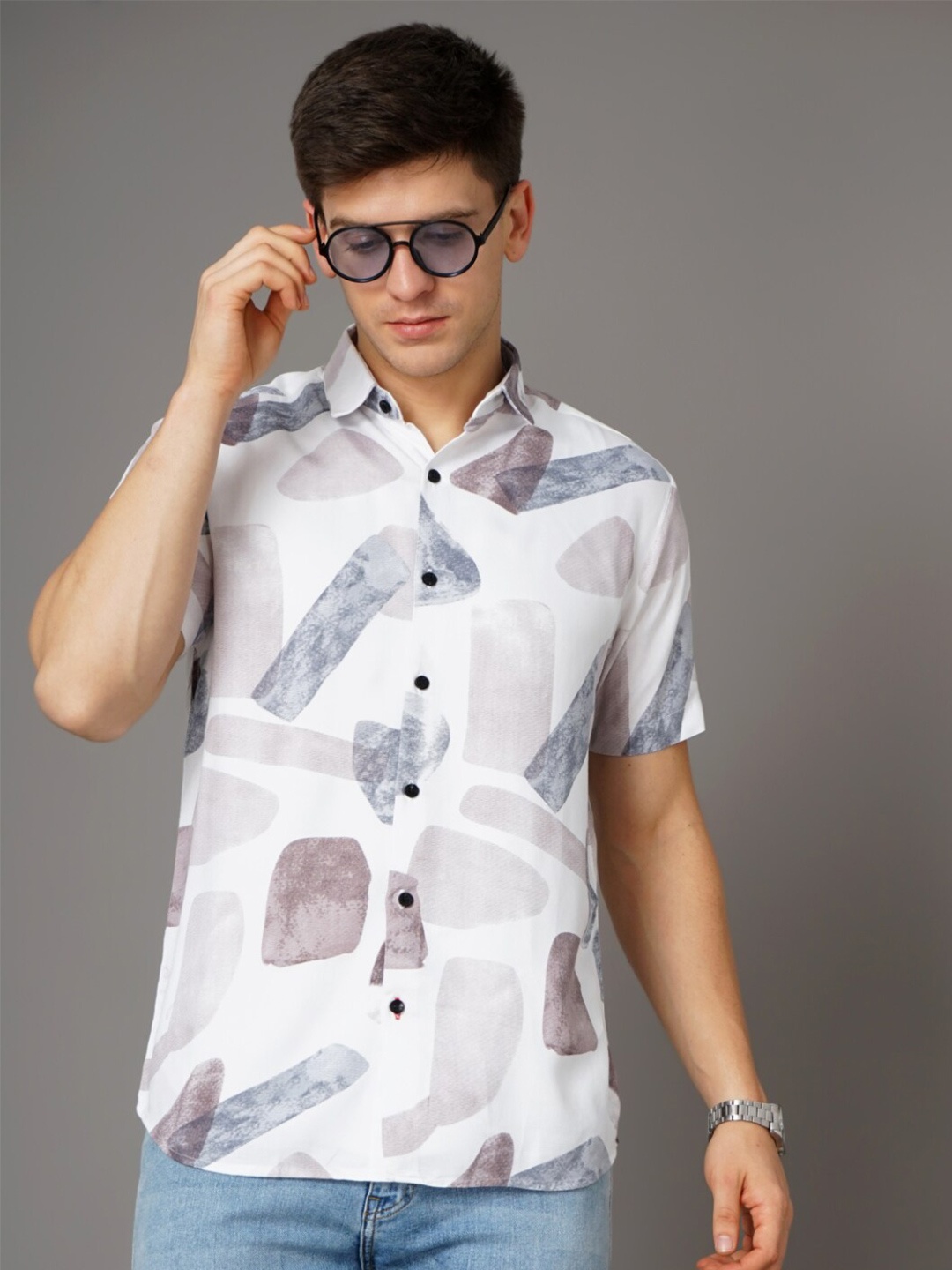 

PAUL STREET Standard Abstract Printed Slim Fit Twill Casual Shirt, White
