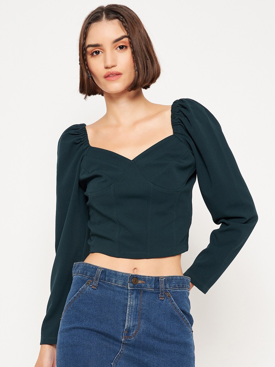 

Madame V-Neck Puff Sleeves Crop Top, Green