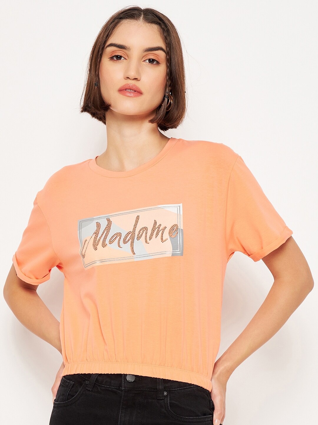 

Madame Typography Printed Gathered Pure Cotton Top, Orange