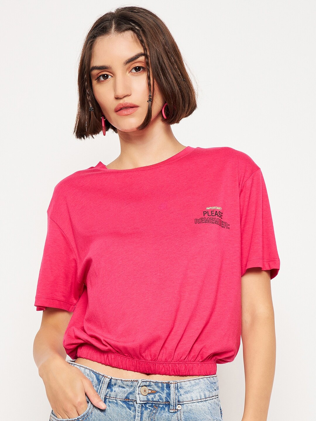 

Madame Printed Drop Shoulder Sleeves Cotton Blouson Top, Pink