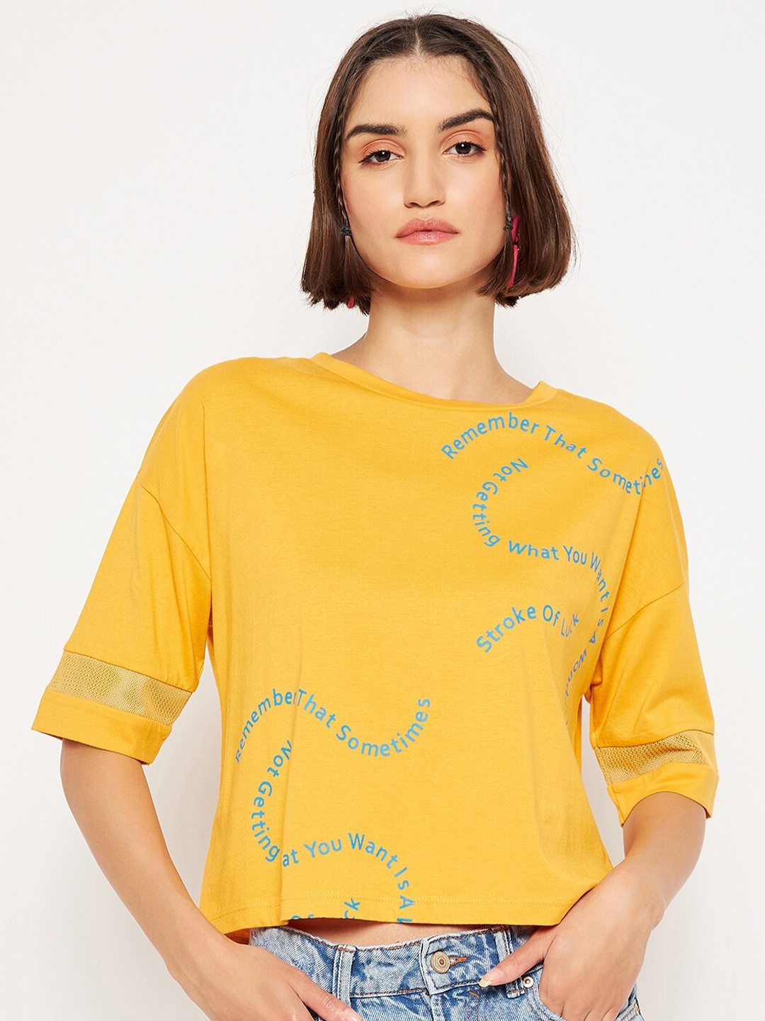 

Madame Printed Drop Shoulder Sleeves Cotton Crop Top, Yellow