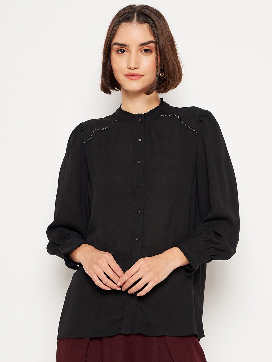 

Madame Mandarin Collar Puff Sleeve Shirt Style Top, Black