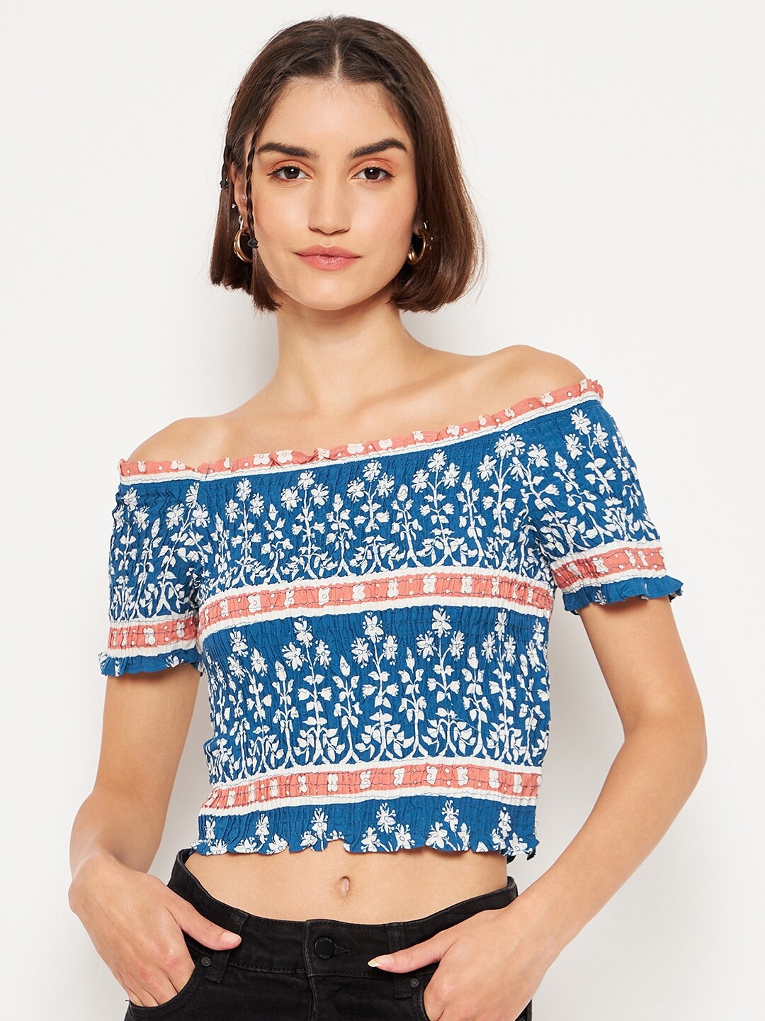 

Madame Floral Printed Off-Shoulder Smocked Bardot Crop Top, Blue