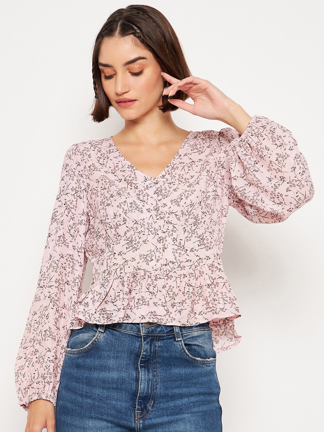 

Madame Floral Printed Puff Sleeve Wrap Top, Pink